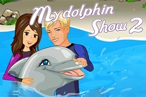 En tecknad bild av två personer i en bassäng med en delfin mellan dem