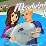 En tecknad bild av två personer i en bassäng med en delfin mellan dem