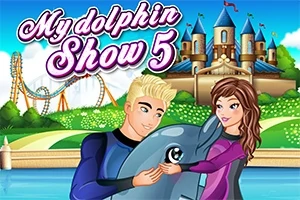 Två människor klädda i våtdräkter kramar en delfin framför en fantasifull bakgrund med ett slott och en berg-och-dalbana