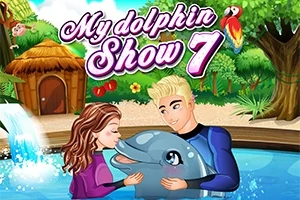 En tecknad bild av två personer som interagerar med en delfin i en vattenpark, omgivna av tropisk vegetation med en hydda och en papegoja i bakgrunden