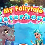 En magisk vattenhäst och en sjöjungfru med en treudd framför en färgglad bakgrund med texten My Fairytale Waterhorse