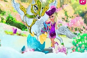 En flicka i lila kläder poserar bredvid en bevingad häst med färgglad rustning i en magisk, blommande trädgård