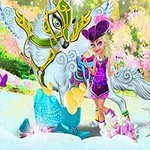 En flicka i lila kläder poserar bredvid en bevingad häst med färgglad rustning i en magisk, blommande trädgård