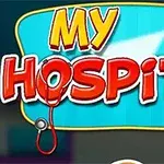 Färgglad skylt med texten My Hospital och sjukvårdsikoner som stetoskop och medicinflaska