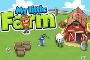 Tecknad bild av en gård med en röd lada, ett får, trälådor, en vattenpump och en glad figur med skägg och hatt samt texten My little Farm