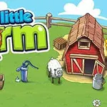 Tecknad bild av en gård med en röd lada, ett får, trälådor, en vattenpump och en glad figur med skägg och hatt samt texten My little Farm