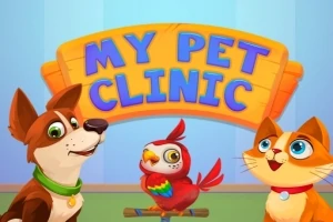 En tecknad bild med en hund, en fågel och en katt framför en skylt med texten My Pet Clinic