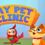 En tecknad bild med en hund, en fågel och en katt framför en skylt med texten My Pet Clinic