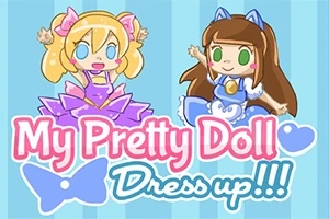 Två tecknade dockor i pastellfärger, klädda i rosa och blå klänningar, med texten My Pretty Doll Dress up!