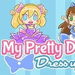 Två tecknade dockor i pastellfärger, klädda i rosa och blå klänningar, med texten My Pretty Doll Dress up!