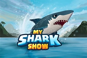En tecknad haj hoppar ur vattnet med texten My Shark Show framför, mot en bakgrund av berg och himmel