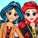 Två animerade kvinnor med färgglada kläder och stora ögon står tillsammans mot en ljus bakgrund