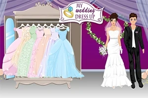 Brud och brudgum står bredvid en garderob med färgglada klänningar, där en skylt ovanför visar texten My Wedding Dress Up