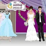 Brud och brudgum står bredvid en garderob med färgglada klänningar, där en skylt ovanför visar texten My Wedding Dress Up