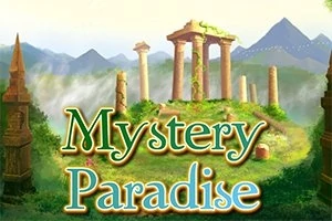 Bild med antika pelare, frodig grönska och texten Mystery Paradise mot en bergig bakgrund