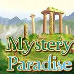Bild med antika pelare, frodig grönska och texten Mystery Paradise mot en bergig bakgrund