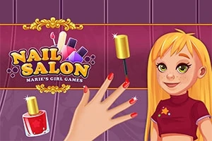 En tecknad tjej med långt blont hår står bredvid en hand som målar naglarna med rött nagellack, omgiven av nagelprodukter och texten Nail Salon