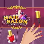 En tecknad tjej med långt blont hår står bredvid en hand som målar naglarna med rött nagellack, omgiven av nagelprodukter och texten Nail Salon