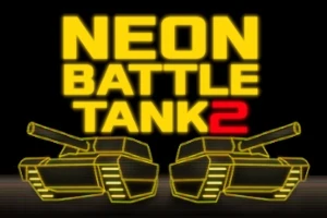 Två neonfärgade stridsvagnar med texten NEON BATTLE TANK 2 ovanför i gult och rött mot en svart bakgrund