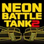 Två neonfärgade stridsvagnar med texten NEON BATTLE TANK 2 ovanför i gult och rött mot en svart bakgrund