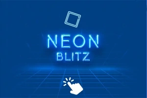 Neontext som säger NEON BLITZ på en blå bakgrund med en vit symbol av en hand som klickar