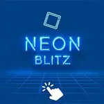Neontext som säger NEON BLITZ på en blå bakgrund med en vit symbol av en hand som klickar