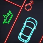 Neonbild med en bil, en krona, en bomb och en stjärna mot en mörk bakgrund