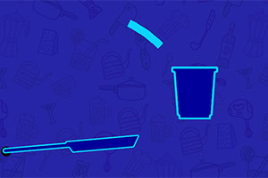 En minimalistisk illustration av en stekpanna, en bägare, och en tunn rektangulär bit mot en blå bakgrund med köksmönster