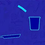 En minimalistisk illustration av en stekpanna, en bägare, och en tunn rektangulär bit mot en blå bakgrund med köksmönster