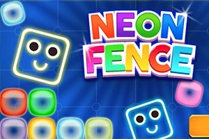 Rutor med ansikten i neonfärger mot en blå bakgrund med texten Neon Fence