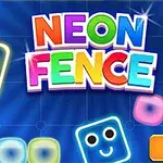 Rutor med ansikten i neonfärger mot en blå bakgrund med texten Neon Fence