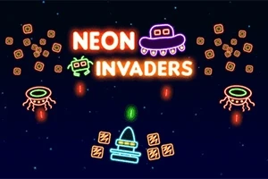 Neontecknade rymdskepp och robotar mot mörk bakgrund med texten NEON INVADERS