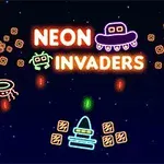Neontecknade rymdskepp och robotar mot mörk bakgrund med texten NEON INVADERS