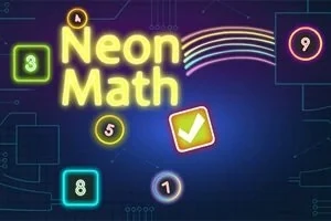Neonfärgade siffror och symboler med texten Neon Math mot en mörk bakgrund täckt av regnbågsfärgade linjer