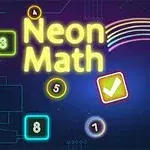 Neonfärgade siffror och symboler med texten Neon Math mot en mörk bakgrund täckt av regnbågsfärgade linjer