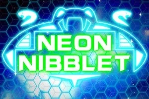 Neontexten Neon Nibblet med en rymdskeppsdesign och ett hexagonalt mönster i bakgrunden