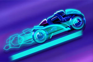 Abstrakt illustration av en futuristisk motorcykel med glödande neonlinjer mot en lila bakgrund