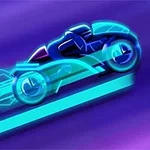Abstrakt illustration av en futuristisk motorcykel med glödande neonlinjer mot en lila bakgrund