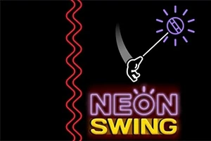 Svart bakgrund med en hand som svingar ett lysande objekt och texten NEON SWING i neonfärger