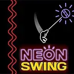 Svart bakgrund med en hand som svingar ett lysande objekt och texten NEON SWING i neonfärger