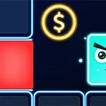 En tecknad blå kub med ett blinkande ansikte och en dollar-symbol i bakgrunden