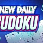 Texten New Daily Sudoku i fet stil med ett sudokupussel och siffror i bakgrunden