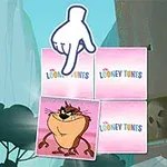 En animerad hand pekar på ett rutnät med kort, varav ett visar en tecknad karaktär och de andra har texten Looney Tunes
