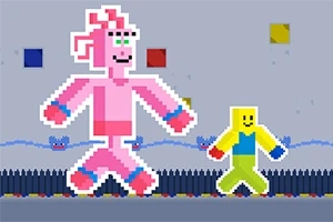 Två pixelerade figurer, en rosa och en gul, går bredvid varandra i en enkel, färgglad miljö med fyrkantiga dekorationer