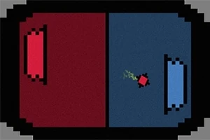En pixelgrafik med en delad skärmbild; vänster sidan är röd, höger sidan är blå, och en liten röd fyrkant med grönt spår rör sig mot mitten