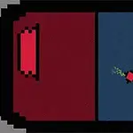 En pixelgrafik med en delad skärmbild; vänster sidan är röd, höger sidan är blå, och en liten röd fyrkant med grönt spår rör sig mot mitten