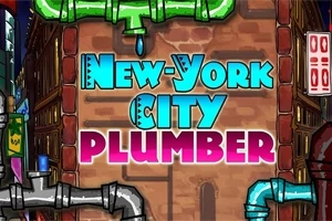 Tecknad bild av en stadsgränd med texten New York City Plumber i blått och rosa