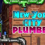 Tecknad bild av en stadsgränd med texten New York City Plumber i blått och rosa
