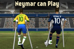 Två fotbollsspelare med kryckor klädda i gula och blå tröjor med texten Neymar can Play ovanför