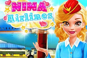 En tecknad flygvärdinna i blå uniform står framför ett flygplan med titeln Nina Airlines i färgglad text ovanför